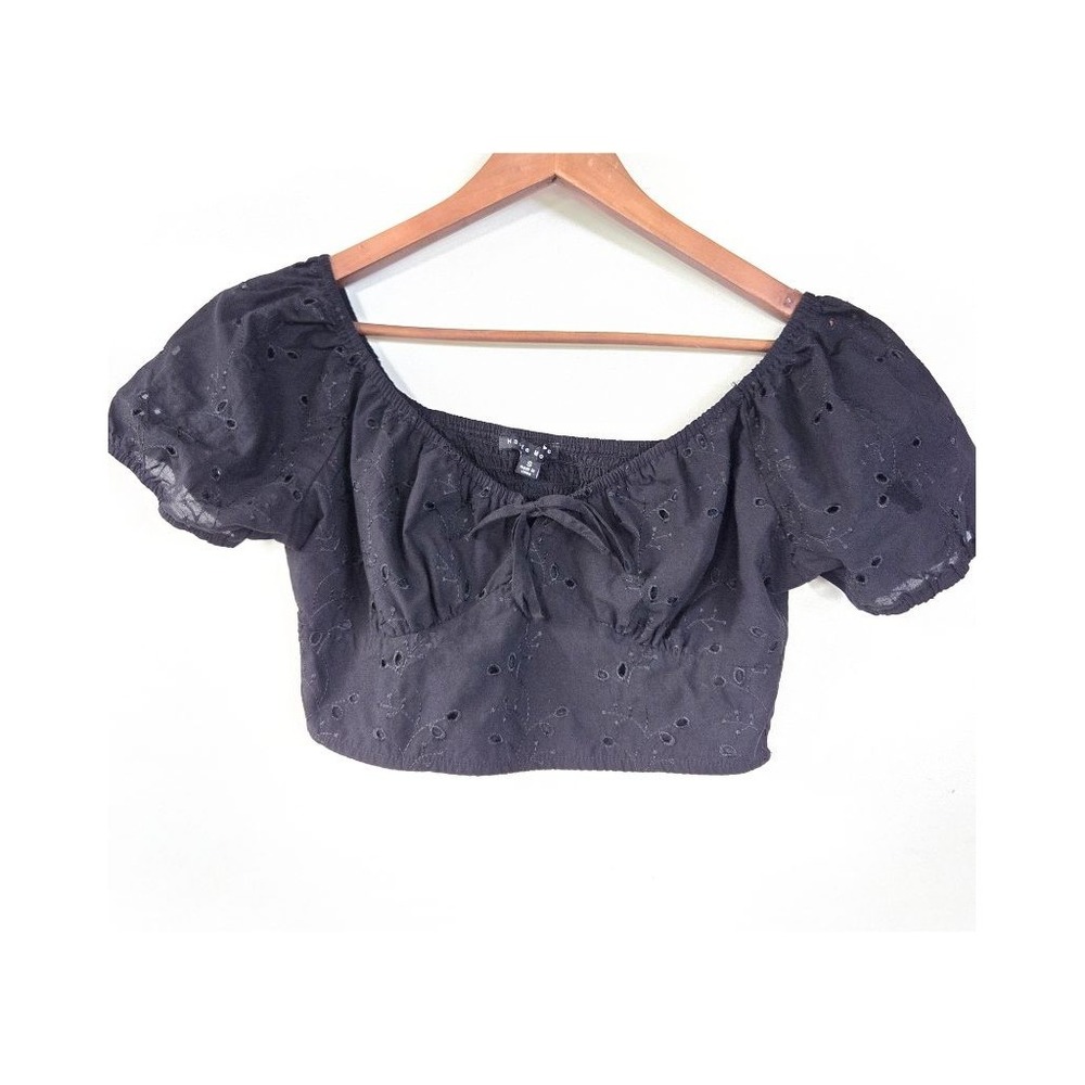 MOTO & CO Black Eyelet Crop Top Boho Coquette Off Shoulder Puff Sleeve Small